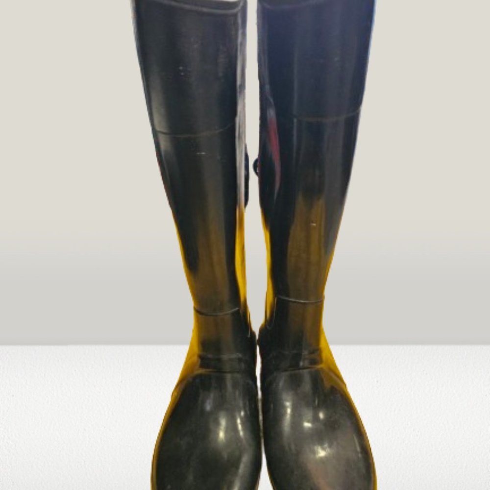 Womens Black Shiny Rainboots Knee- Height Size 8
